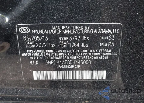 2013 Hyundai Elantra Gls z USA, uszkodzony, nr VIN 5NPDH4AE8DH446000